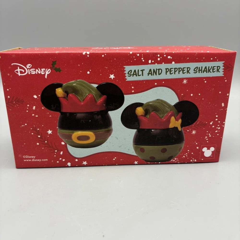 Disney Mickey  & Minnie Mouse Christmas Elf Hat Salt Pepper Shakers Holiday Gift